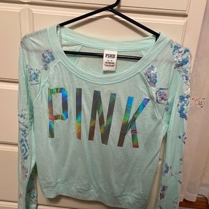Aqua sequin Victoria secret pink cropped shirt size medium with tag.